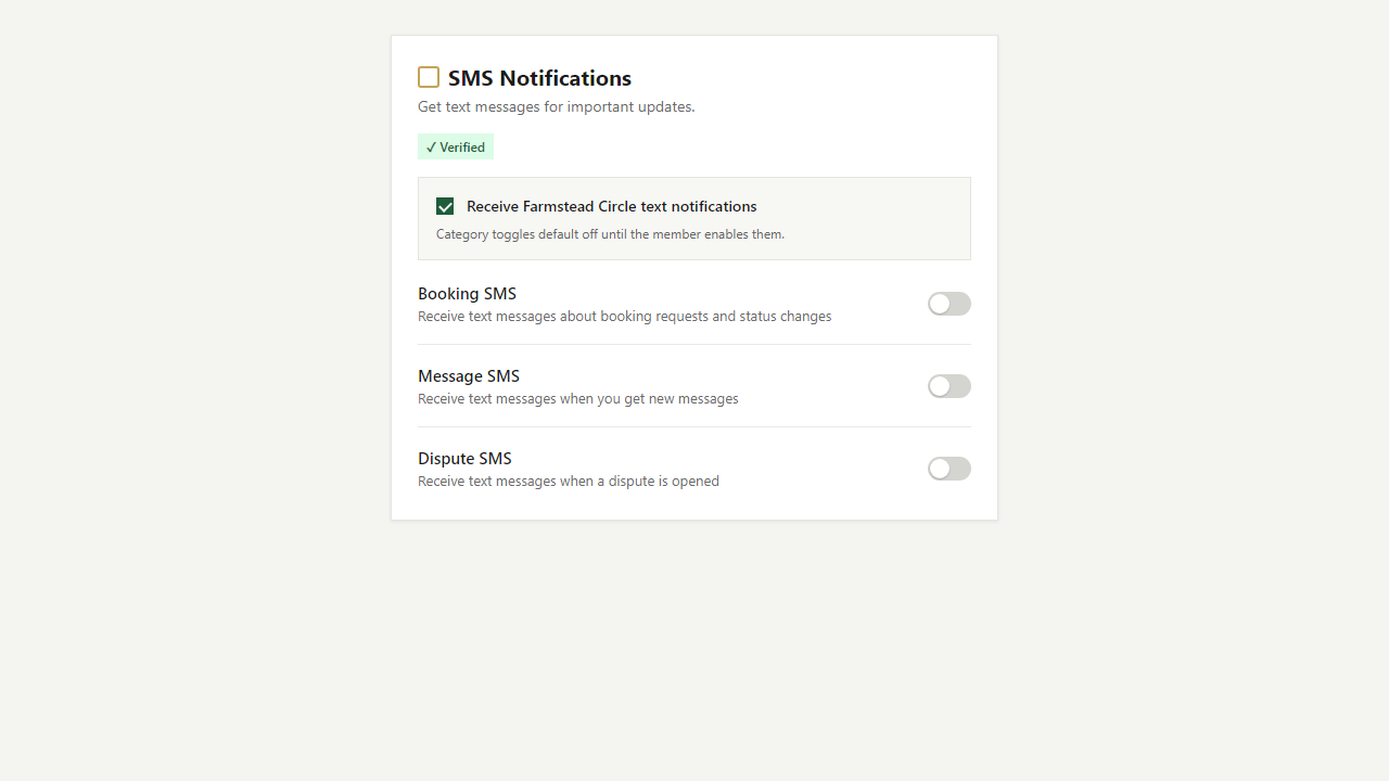 Settings SMS Notifications after verification: consent checked, Booking SMS, Message SMS, and Dispute SMS category toggles all off by default