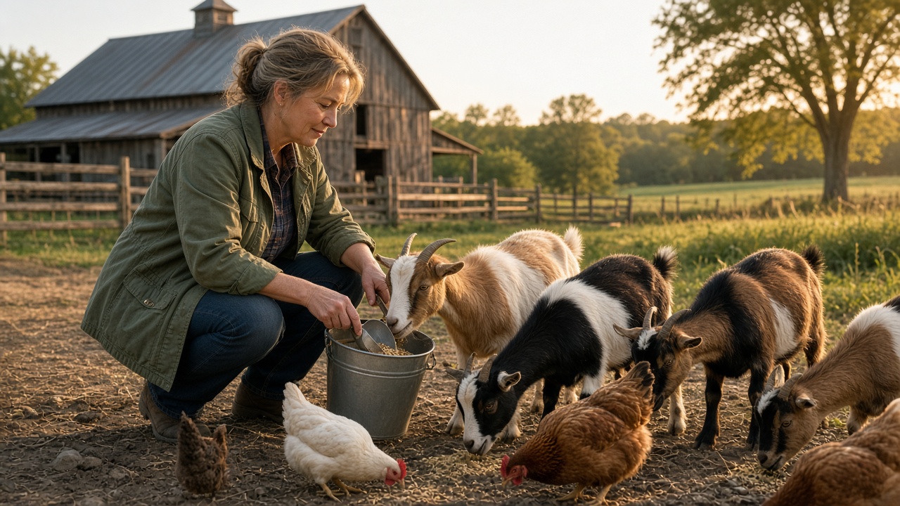 Farm caretaker feeding goats and chickens on a Virginia-style homestead while the owner is away
